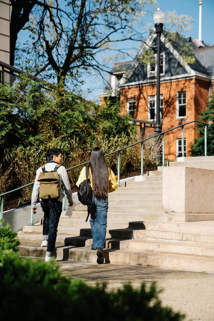 who-we-are Two young adults walking up outdoor stairs surrounded by greenery and buildings.